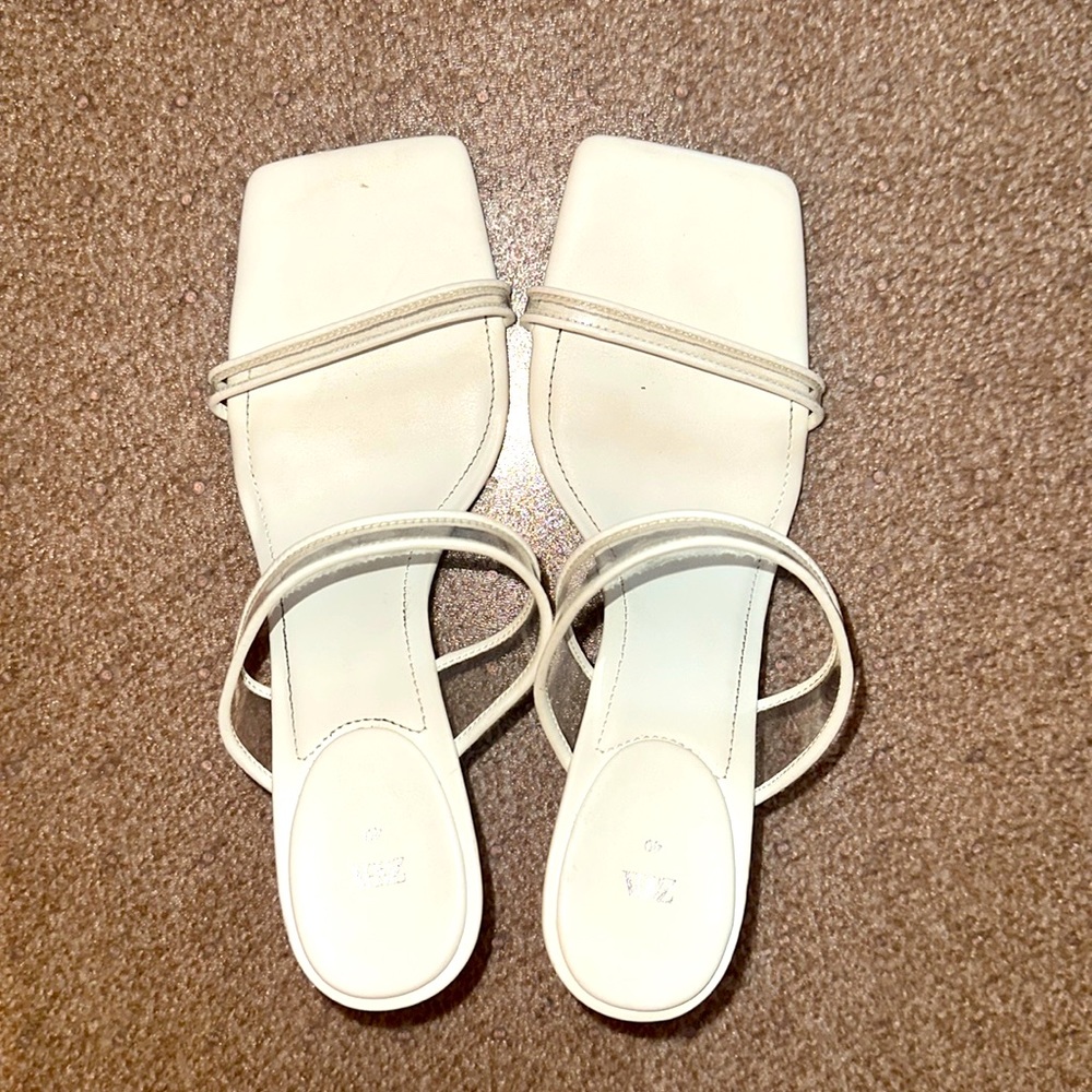 Zara White Kitten Open Toe Heels with Clear Straps